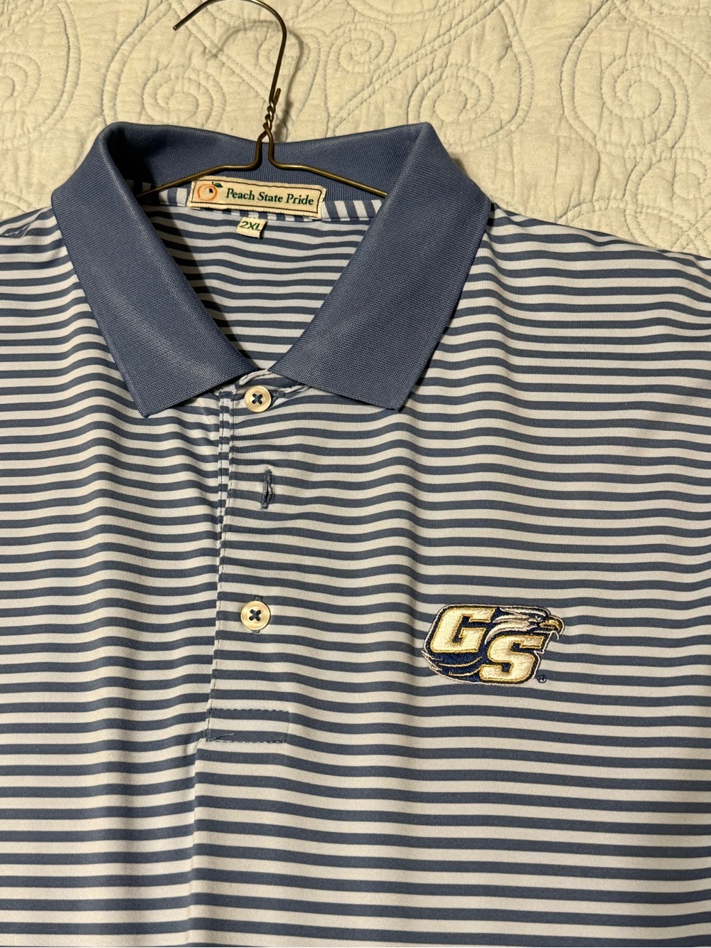 Peach State Pride Men’s Blue & White Striped Polo with GS Logo